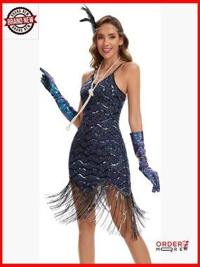1920s Flapper Sequin Gatsby Party Dress with Accessories Set